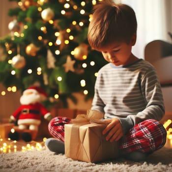 Merry Christmas and Happy Holidays! Cheerful cute childrens girls opening gifts. Kids wearing pajamas having fun near tree in the morning. Loving family with presents in room.