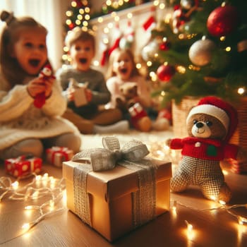 Merry Christmas and Happy Holidays! Cheerful cute childrens girls opening gifts. Kids wearing pajamas having fun near tree in the morning. Loving family with presents in room.