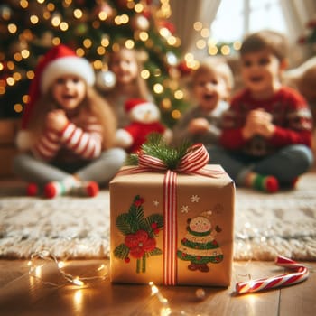 Merry Christmas and Happy Holidays! Cheerful cute childrens girls opening gifts. Kids wearing pajamas having fun near tree in the morning. Loving family with presents in room.