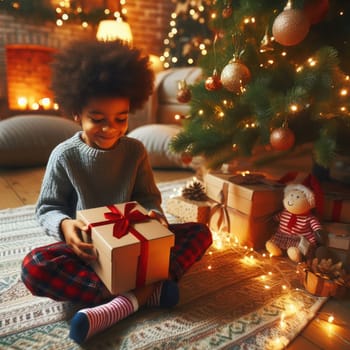 Merry Christmas and Happy Holidays! Cheerful cute childrens girls opening gifts. Kids wearing pajamas having fun near tree in the morning. Loving family with presents in room.