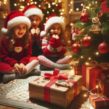 Merry Christmas and Happy Holidays! Cheerful cute childrens girls opening gifts. Kids wearing pajamas having fun near tree in the morning. Loving family with presents in room.