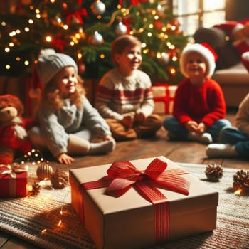 Merry Christmas and Happy Holidays! Cheerful cute childrens girls opening gifts. Kids wearing pajamas having fun near tree in the morning. Loving family with presents in room.