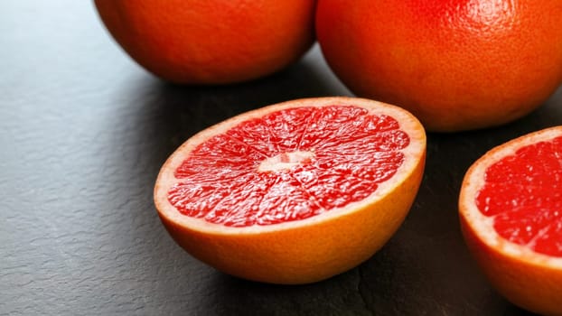 Closeup photo - half of pink grapefruit on dark working board, more citrus fruits in background