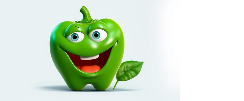 Green pepper with a cheerful face 3D on a white background. Cartoon characters, three-dimensional character, healthy lifestyle, proper nutrition, diet, fresh vegetables and fruits, vegetarianism, veganism, food, breakfast, fun, laughter, banner