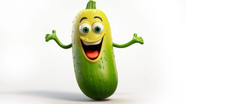 Green zucchini with a cheerful face 3D on a white background. Cartoon characters, three-dimensional character, healthy lifestyle, proper nutrition, diet, fresh vegetables and fruits, vegetarianism, veganism, food, breakfast, fun, laughter, banner