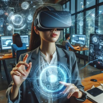 Metaverse technology concept. Woman with VR virtual reality goggles is working in the office. Futuristic lifestyle.