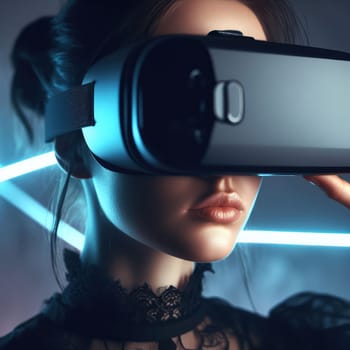 Metaverse technology concept. Woman with VR virtual reality goggles is working in the office. Futuristic lifestyle.
