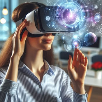 Metaverse technology concept. Woman with VR virtual reality goggles is working in the office. Futuristic lifestyle.