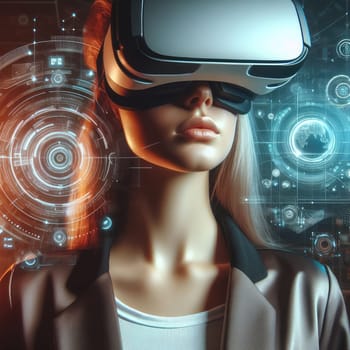 Metaverse technology concept. Woman with VR virtual reality goggles is working in the office. Futuristic lifestyle.