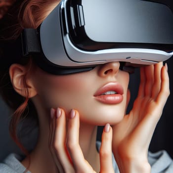 Metaverse technology concept. Woman with VR virtual reality goggles is working in the office. Futuristic lifestyle.