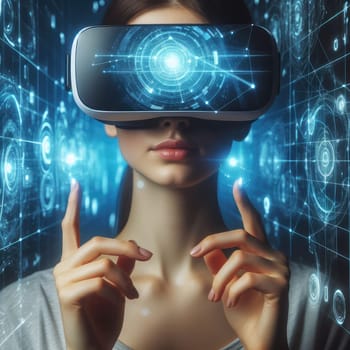 Metaverse technology concept. Woman with VR virtual reality goggles is working in the office. Futuristic lifestyle.