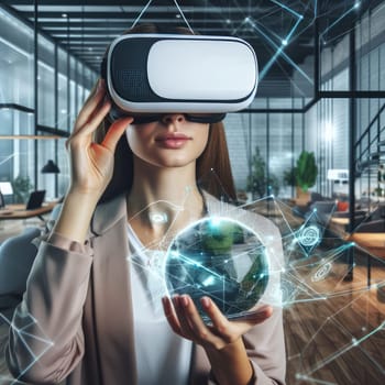 Metaverse technology concept. Woman with VR virtual reality goggles is working in the office. Futuristic lifestyle.