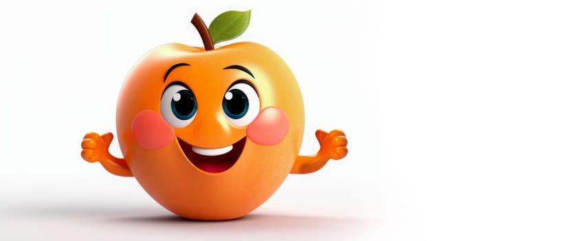 Orange Peach with a cheerful face 3D on a white background. Cartoon characters, three-dimensional character, healthy lifestyle, proper nutrition, diet, fresh vegetables and fruits, vegetarianism, veganism, food, breakfast, fun, laughter, banner