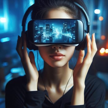 Metaverse technology concept. Woman with VR virtual reality goggles is working in the office. Futuristic lifestyle.