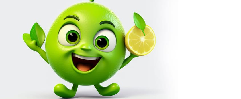 Green lime with a cheerful face 3D on a white background. Cartoon characters, three-dimensional character, healthy lifestyle, proper nutrition, diet, fresh vegetables and fruits, vegetarianism, veganism, food, breakfast, fun, laughter, banner