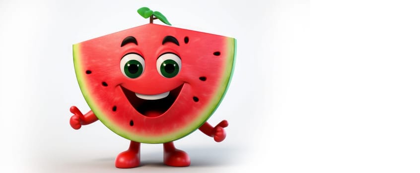 Watermelon with a cheerful face 3D on a white background. Cartoon characters, three-dimensional character, healthy lifestyle, proper nutrition, diet, fresh vegetables and fruits, vegetarianism, veganism, food, breakfast, fun, laughter, banner