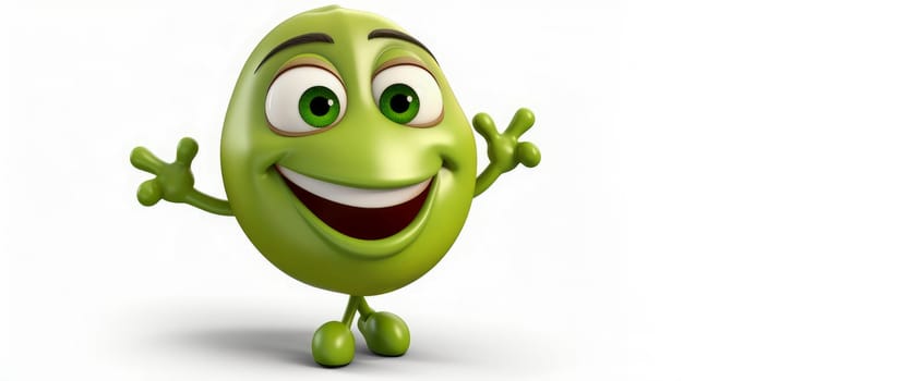 Pistachio with a cheerful face 3D on a white background. Cartoon characters, three-dimensional character, healthy lifestyle, proper nutrition, diet, fresh vegetables and fruits, vegetarianism, veganism, food, breakfast, fun, laughter, banner