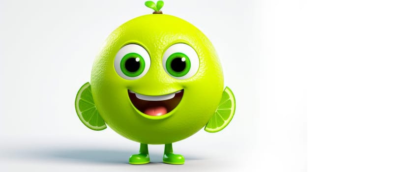 Lime with a cheerful face 3D on a white background. Cartoon characters, three-dimensional character, healthy lifestyle, proper nutrition, diet, fresh vegetables and fruits, vegetarianism, veganism, food, breakfast, fun, laughter, banner