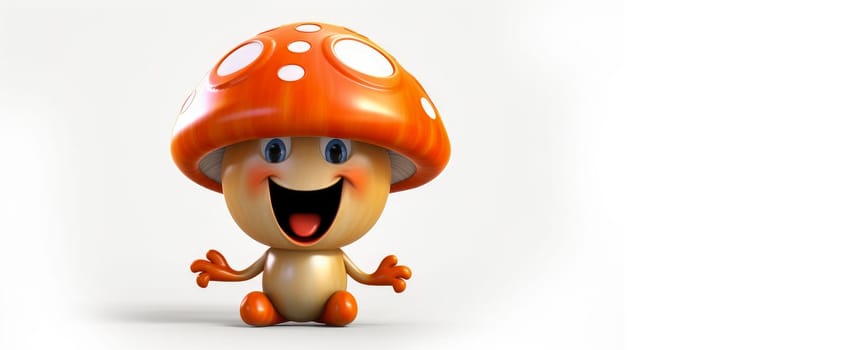 Champignon with a cheerful face 3D on a white background. Cartoon characters, three-dimensional character, healthy lifestyle, proper nutrition, diet, fresh vegetables and fruits, vegetarianism, veganism, food, breakfast, fun, laughter, banner