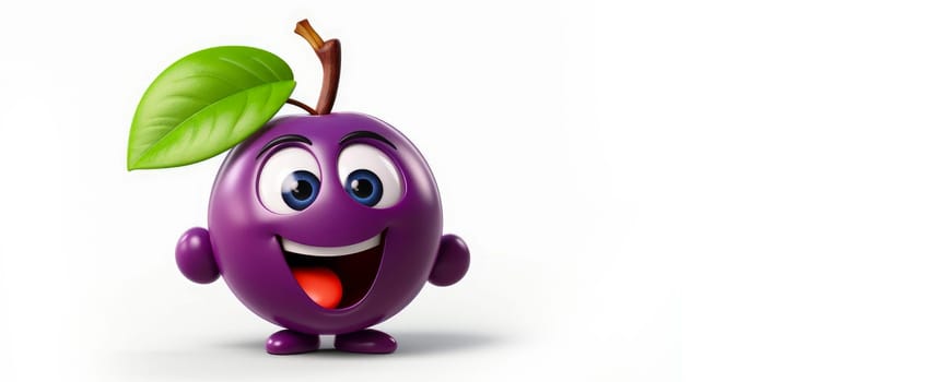 Plum with a cheerful face 3D on a white background. Cartoon characters, three-dimensional character, healthy lifestyle, proper nutrition, diet, fresh vegetables and fruits, vegetarianism, veganism, food, breakfast, fun, laughter, banner