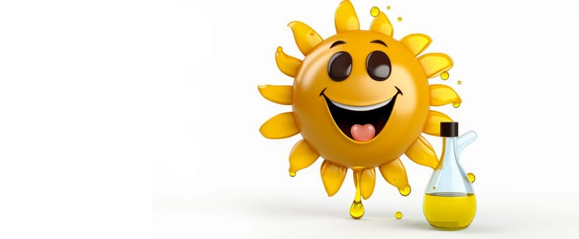 Sunflower oil drop with a cheerful face 3D on a white background. Cartoon characters, three-dimensional character, healthy lifestyle, proper nutrition, diet, fresh vegetables and fruits, vegetarianism, veganism, food, breakfast, fun, laughter, banner