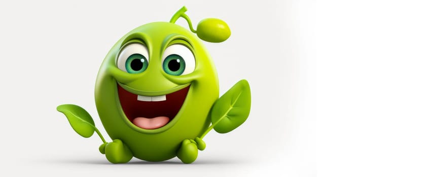 Pea with a cheerful face 3D on a white background. Cartoon characters, three-dimensional character, healthy lifestyle, proper nutrition, diet, fresh vegetables and fruits, vegetarianism, veganism, food, breakfast, fun, laughter, banner