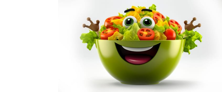 Salad with a cheerful face 3D on a white background. Cartoon characters, three-dimensional character, healthy lifestyle, proper nutrition, diet, fresh vegetables and fruits, vegetarianism, veganism, food, breakfast, fun, laughter, banner