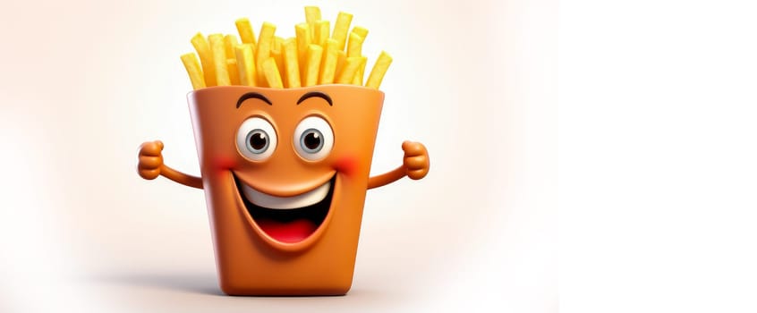French fries with a cheerful face 3D on a white background. Cartoon characters, three-dimensional character, healthy lifestyle, proper nutrition, diet, fresh vegetables and fruits, vegetarianism, veganism, food, breakfast, fun, laughter, banner