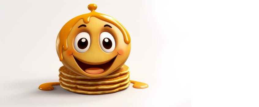 Pancake with a cheerful face 3D on a white background. Cartoon characters, three-dimensional character, healthy lifestyle, proper nutrition, diet, fresh vegetables and fruits, vegetarianism, veganism, food, breakfast, fun, laughter, banner