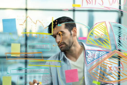 Portrait of young handsome businessman writing marketing idea by using colorful marker on glass wall with graph and mind map. Manager sharing idea or financial strategy. Business plan. Tracery.