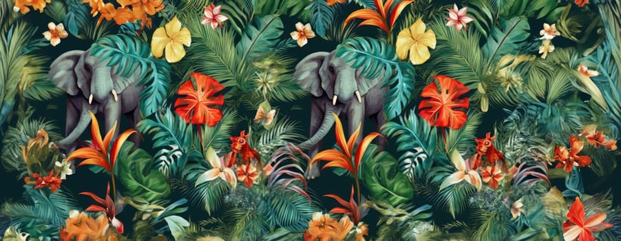 Tropical exotic pattern with animal and flowers in bright colors and lush vegetation. Ai Generative