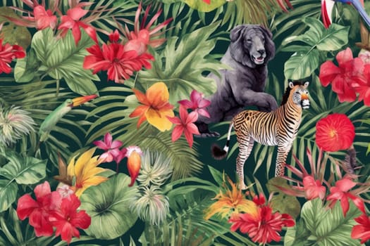 Tropical exotic pattern with animal and flowers in bright colors and lush vegetation. Ai Generative