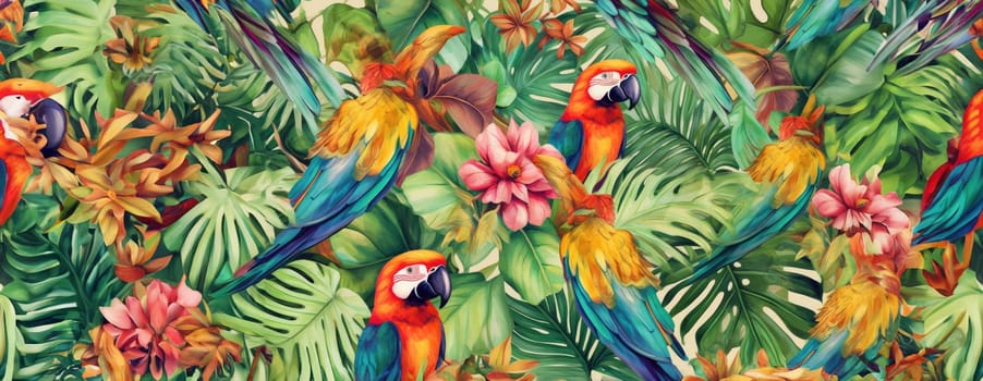 Tropical exotic pattern with animal and flowers in bright colors and lush vegetation. Ai Generative