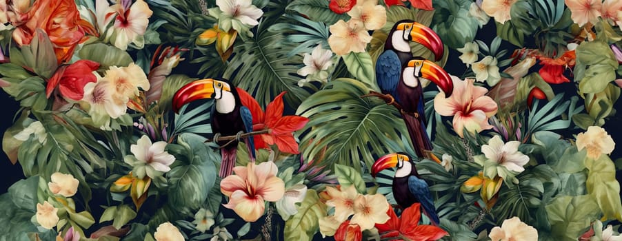 Tropical exotic pattern with animal and flowers in bright colors and lush vegetation. Ai Generative