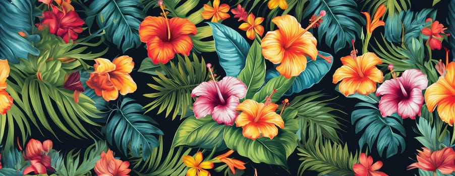 Tropical exotic pattern with animal and flowers in bright colors and lush vegetation. Ai Generative