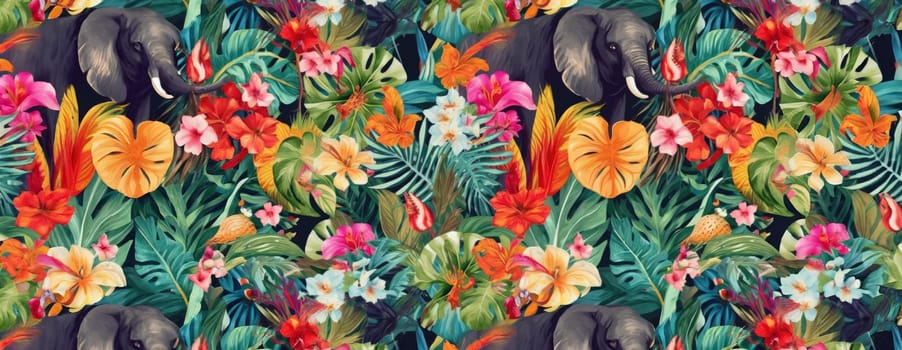 Tropical exotic pattern with animal and flowers in bright colors and lush vegetation. Ai Generative