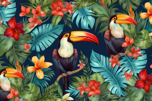 Tropical exotic pattern with animal and flowers in bright colors and lush vegetation. Ai Generative