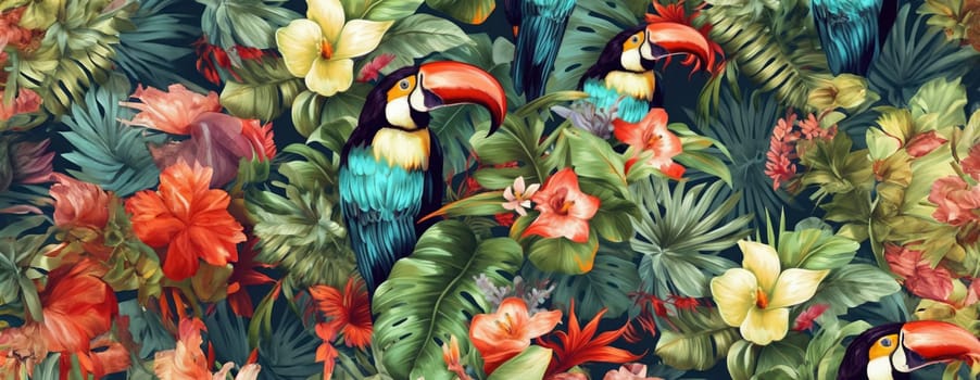 Tropical exotic pattern with animal and flowers in bright colors and lush vegetation. Ai Generative