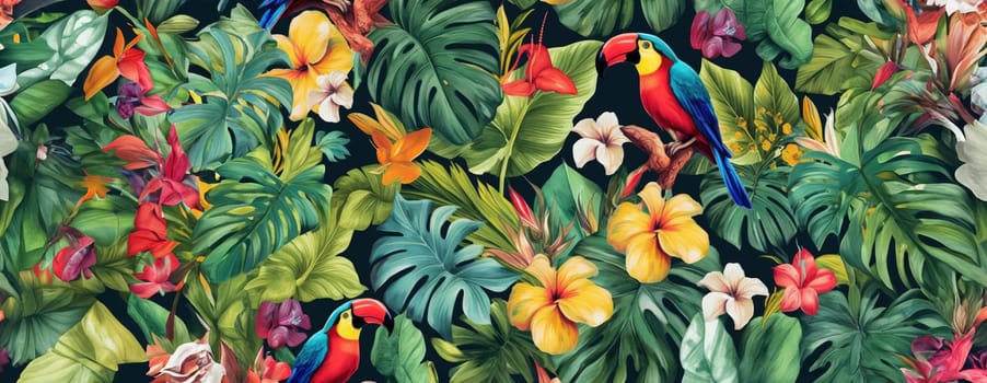 Tropical exotic pattern with animal and flowers in bright colors and lush vegetation. Ai Generative