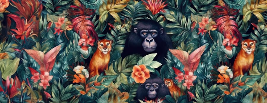 Tropical exotic pattern with animal and flowers in bright colors and lush vegetation. Ai Generative