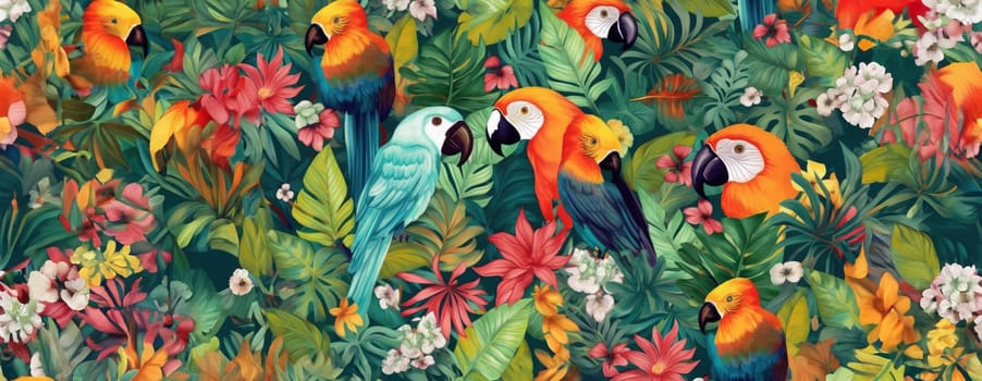 Tropical exotic pattern with animal and flowers in bright colors and lush vegetation. Ai Generative