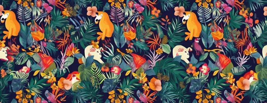 Tropical exotic pattern with animal and flowers in bright colors and lush vegetation. Ai Generative