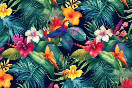 Tropical exotic pattern with animal and flowers in bright colors and lush vegetation. Ai Generative