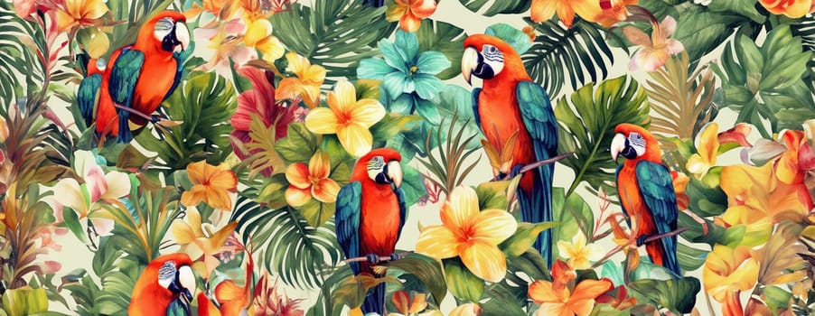 Tropical exotic pattern with animal and flowers in bright colors and lush vegetation. Ai Generative