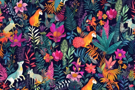 Tropical exotic pattern with animal and flowers in bright colors and lush vegetation. Ai Generative