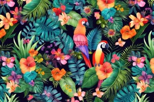 Tropical exotic pattern with animal and flowers in bright colors and lush vegetation. Ai Generative