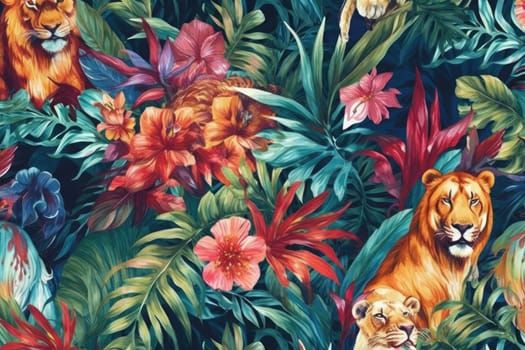 Tropical exotic pattern with animal and flowers in bright colors and lush vegetation. Ai Generative