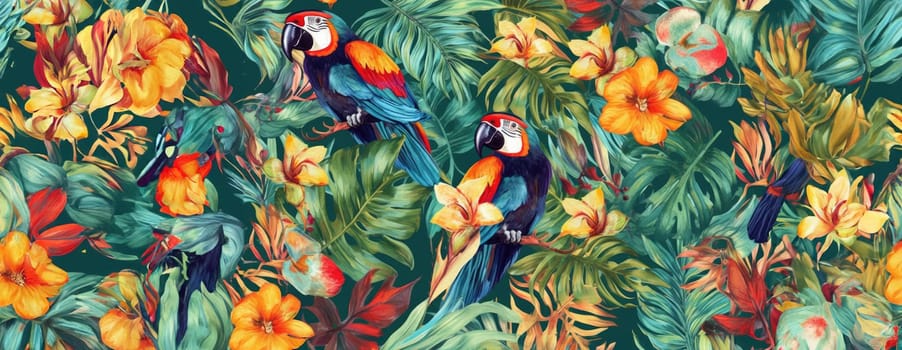 Tropical exotic pattern with animal and flowers in bright colors and lush vegetation. Ai Generative