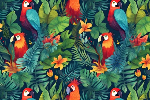 Tropical exotic pattern with animal and flowers in bright colors and lush vegetation. Ai Generative