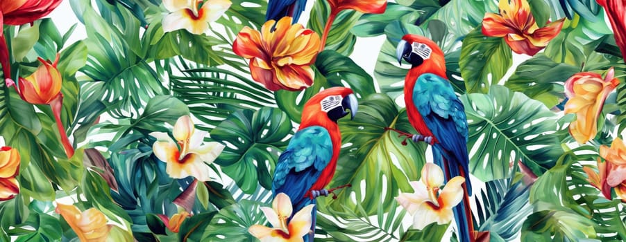 Tropical exotic pattern with animal and flowers in bright colors and lush vegetation. Ai Generative